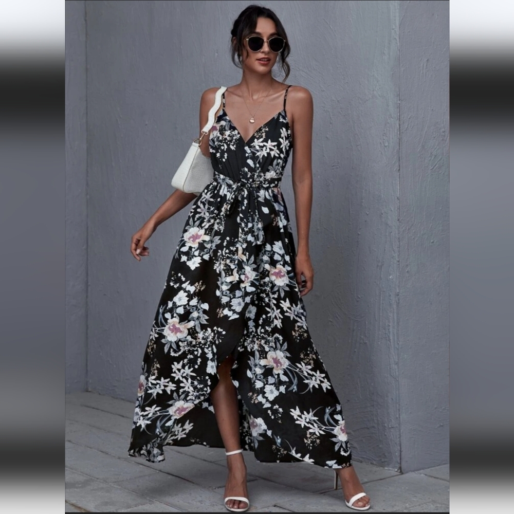 NWT Wrap Black Floral Cami Belted Maxi Dress ~SZ MEDIUM - Picture 3 of 10